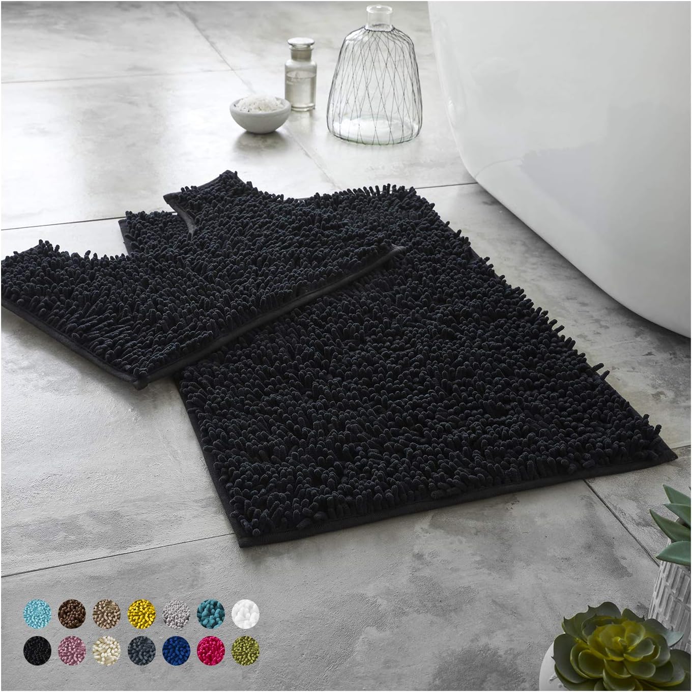 2 Piece Loop Bath Mats for Bathroom - Non Slip Chenille Bath Mat Set Rugs, Extra Soft with Water Absorbent Pedestal Bathmat Shower Toilet Mat