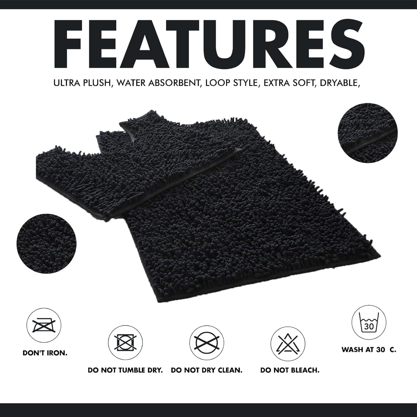 2 Piece Loop Bath Mats for Bathroom - Non Slip Chenille Bath Mat Set Rugs, Extra Soft with Water Absorbent Pedestal Bathmat Shower Toilet Mat