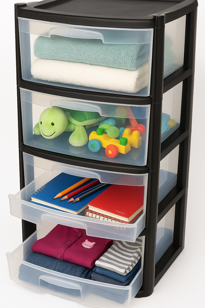 4 Drawers Plastic Storage Tower Unit Organizer Home Office School Desktop Clear Storage Chest for Clothes Toys Art Supplies Stationary Shoes