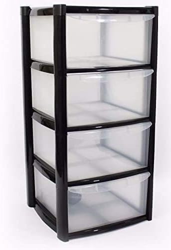 4 Drawers Plastic Storage Tower Unit Organizer Home Office School Desktop Clear Storage Chest for Clothes Toys Art Supplies Stationary Shoes