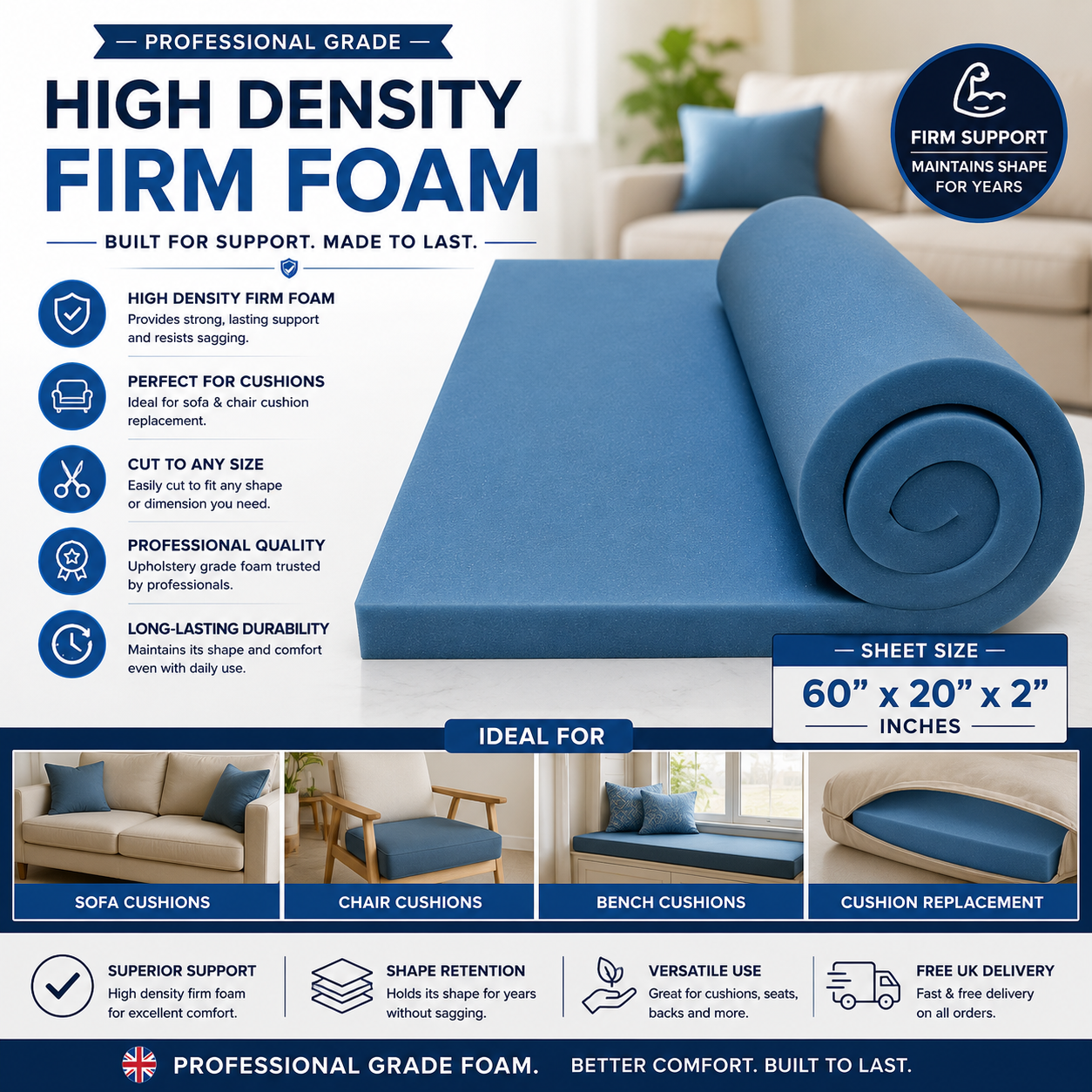 Upholstery Foam High Density Firm Sheet Cushion Seating Pad Sofa Bed 60x20x2