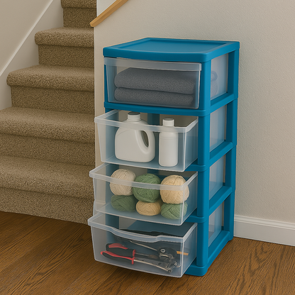 4 Drawers Plastic Storage Tower Unit Organizer Home Office School Desktop Clear Storage Chest for Clothes Toys Art Supplies Stationary Shoes