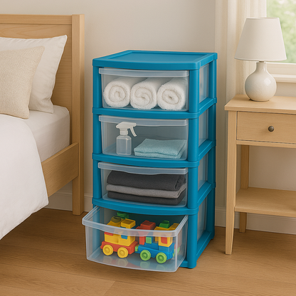 4 Drawers Plastic Storage Tower Unit Organizer Home Office School Desktop Clear Storage Chest for Clothes Toys Art Supplies Stationary Shoes