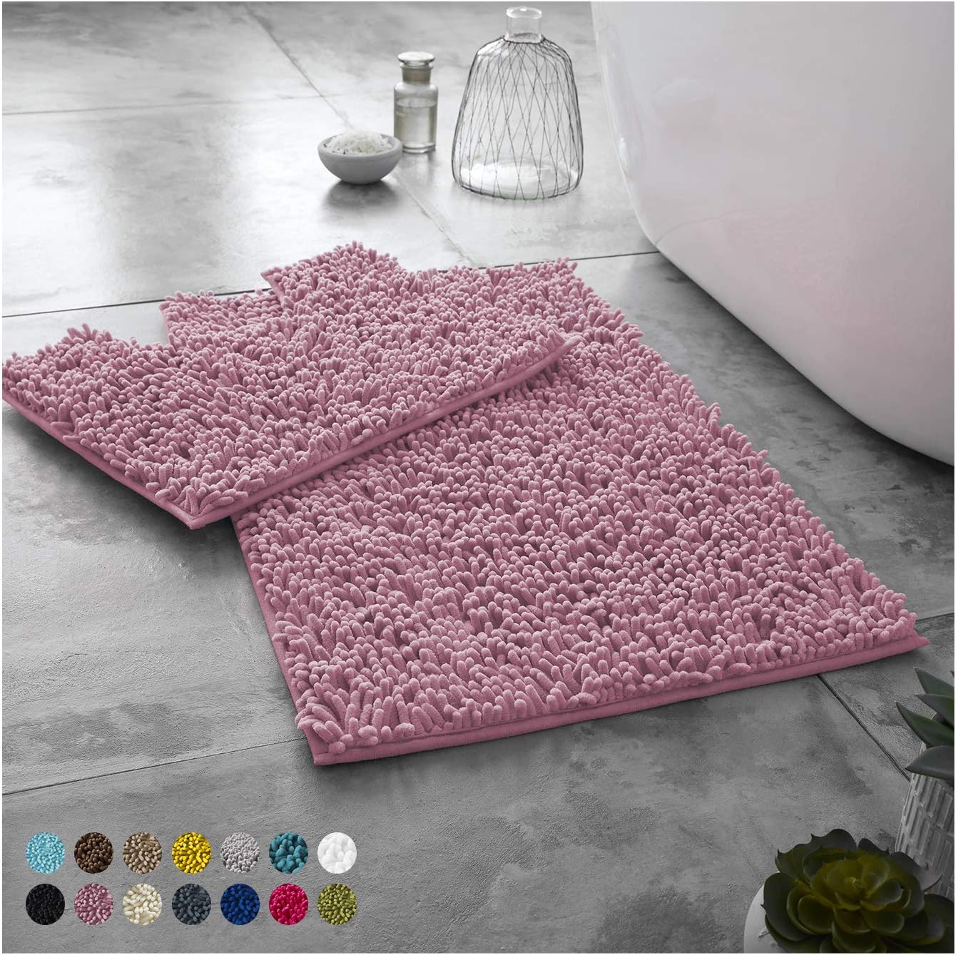 2 Piece Loop Bath Mats for Bathroom - Non Slip Chenille Bath Mat Set Rugs, Extra Soft with Water Absorbent Pedestal Bathmat Shower Toilet Mat