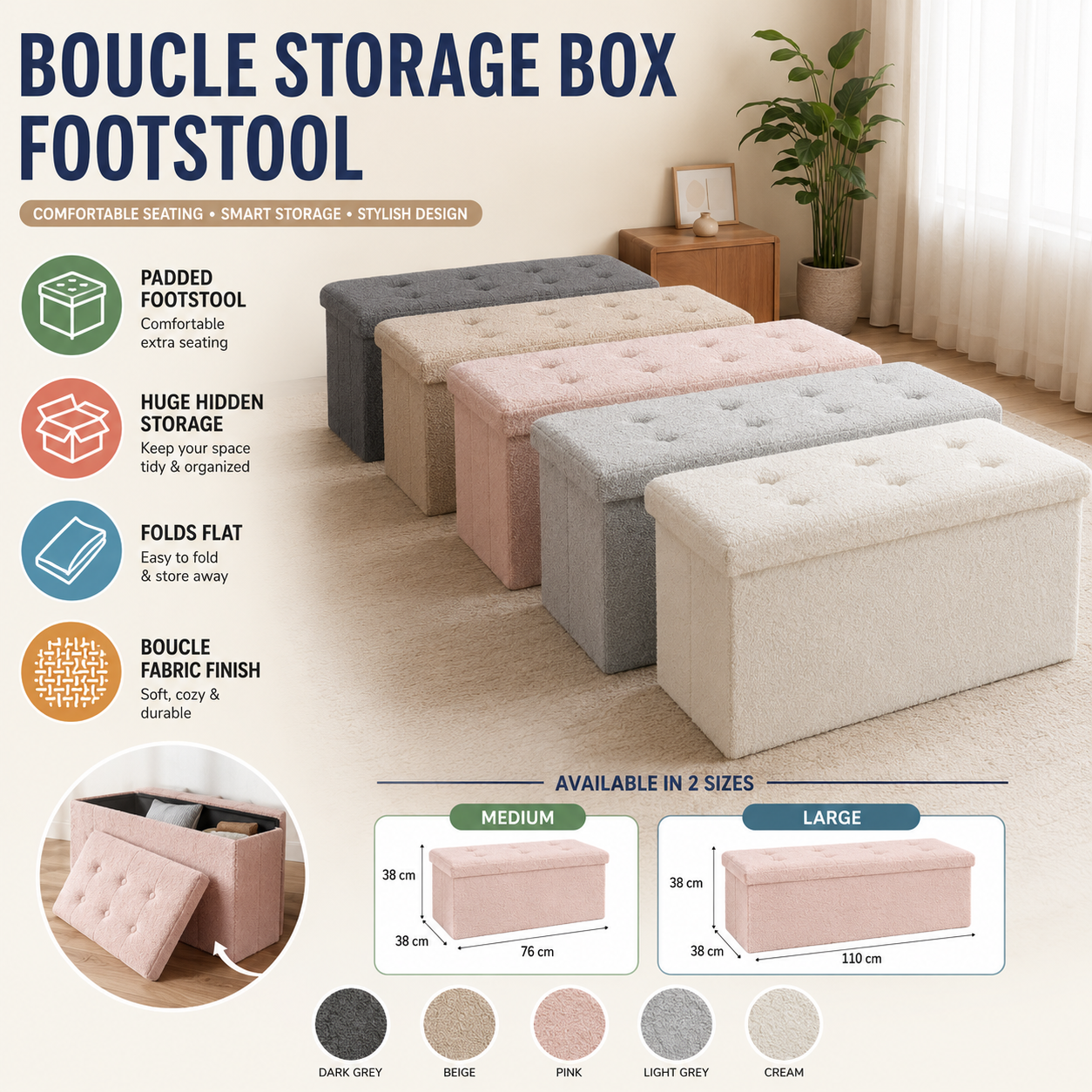 Ottoman Storage Toy Box Teddy Boucle Bench Seat Folding Footstool Chest Large XL