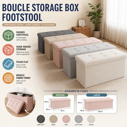 Ottoman Storage Toy Box Teddy Boucle Bench Seat Folding Footstool Chest Large XL