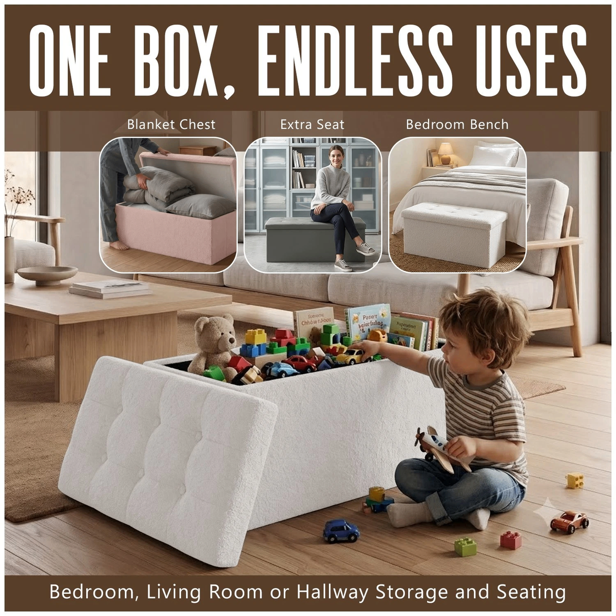 Ottoman Storage Toy Box Teddy Boucle Bench Seat Folding Footstool Chest Large XL