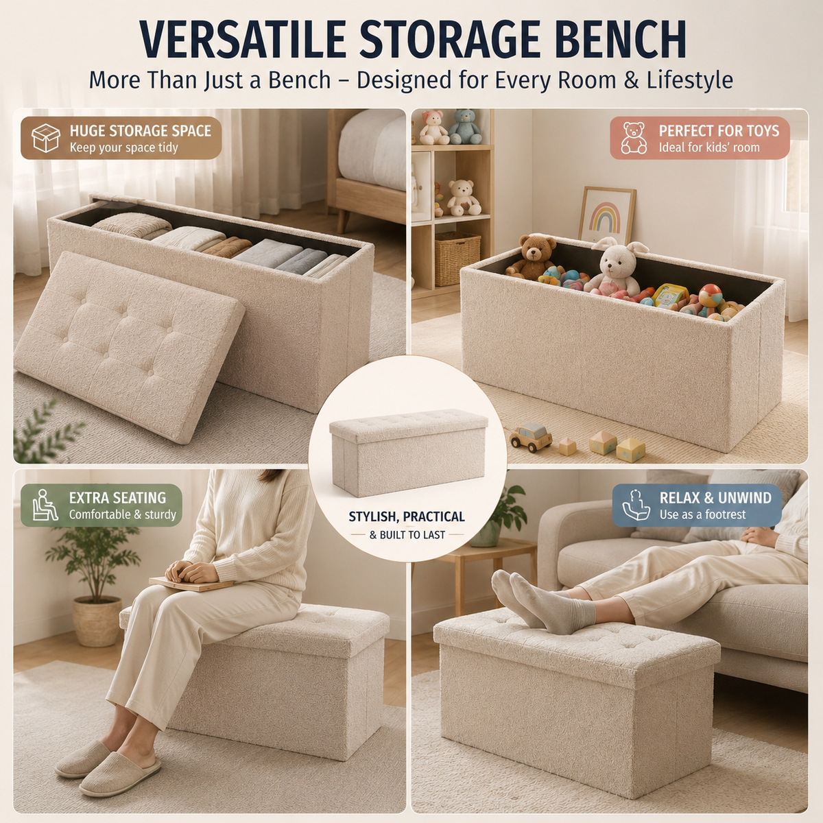 Ottoman Storage Toy Box Teddy Boucle Bench Seat Folding Footstool Chest Large XL