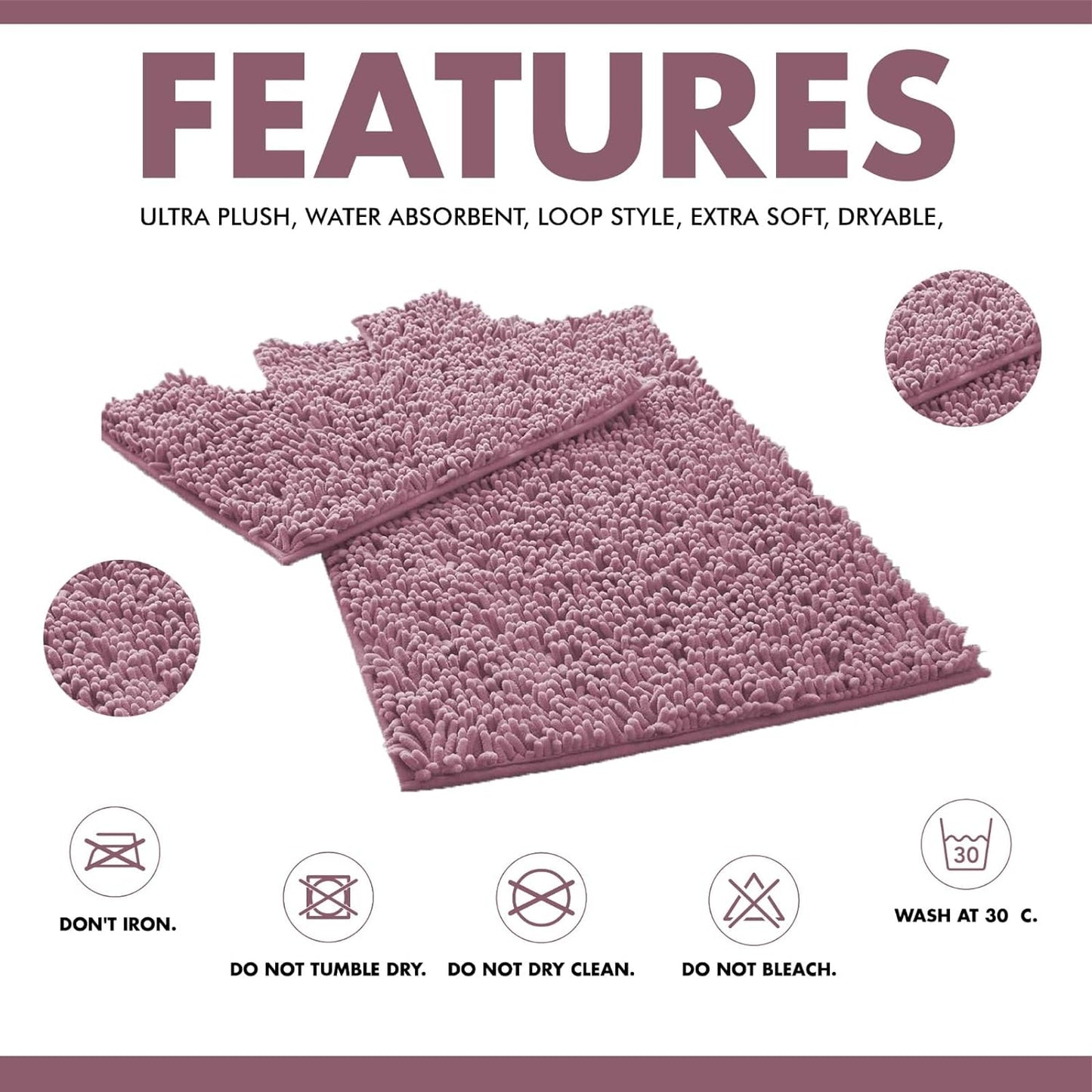 2 Piece Loop Bath Mats for Bathroom - Non Slip Chenille Bath Mat Set Rugs, Extra Soft with Water Absorbent Pedestal Bathmat Shower Toilet Mat