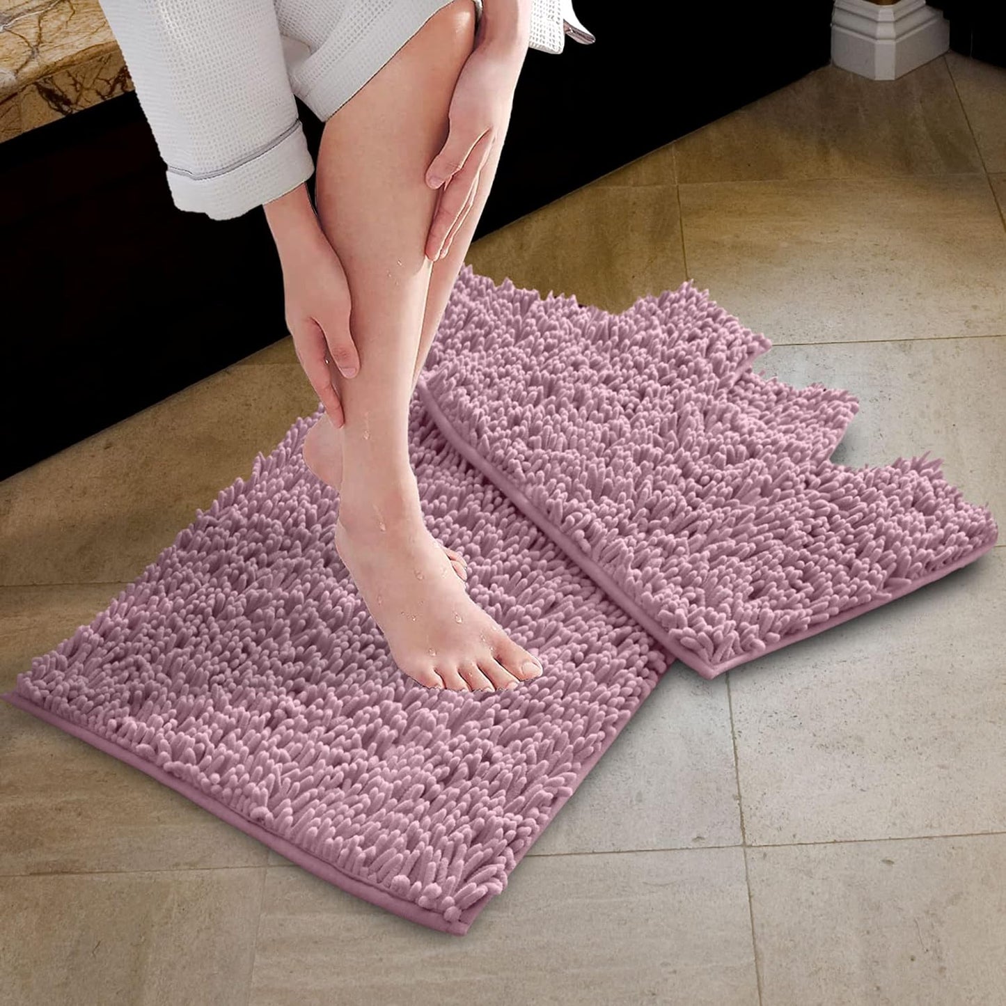 2 Piece Loop Bath Mats for Bathroom - Non Slip Chenille Bath Mat Set Rugs, Extra Soft with Water Absorbent Pedestal Bathmat Shower Toilet Mat
