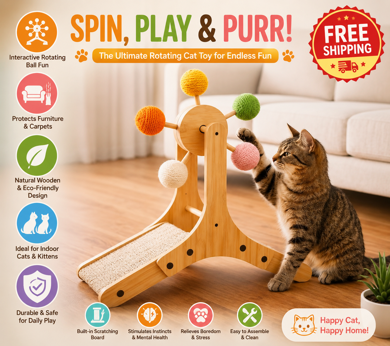 Sisal Cat Scratcher with Rotating Ball – Wooden Interactive Scratching Post for Indoor Cats