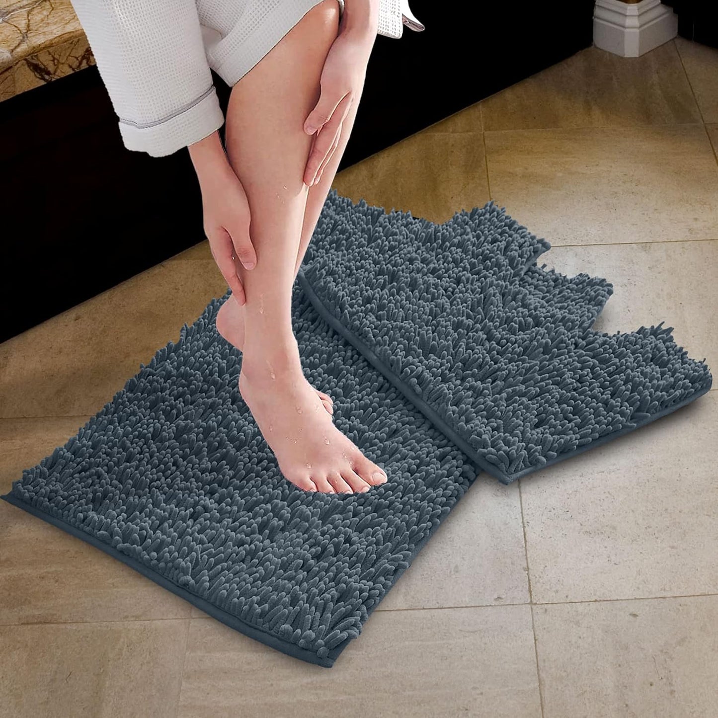 2 Piece Loop Bath Mats for Bathroom - Non Slip Chenille Bath Mat Set Rugs, Extra Soft with Water Absorbent Pedestal Bathmat Shower Toilet Mat
