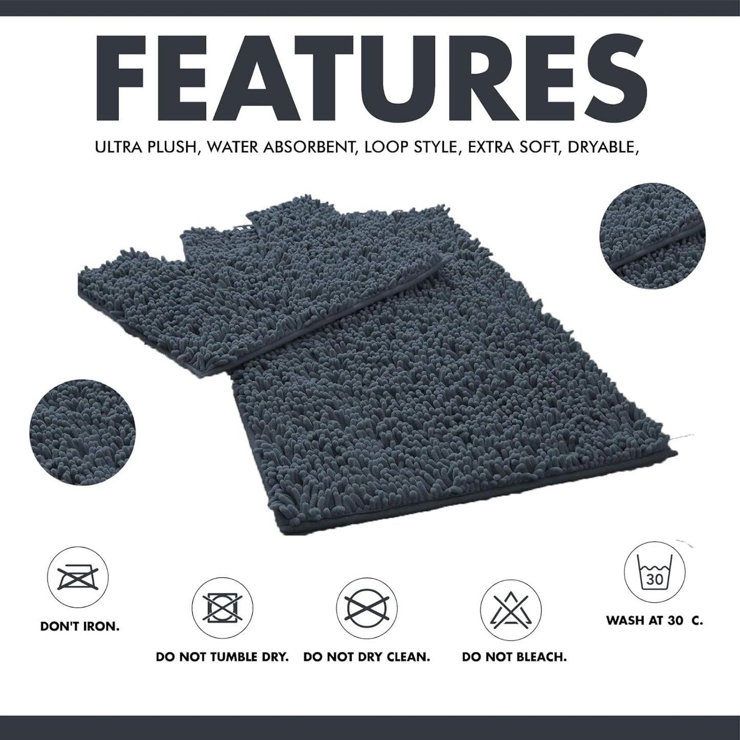 2 Piece Loop Bath Mats for Bathroom - Non Slip Chenille Bath Mat Set Rugs, Extra Soft with Water Absorbent Pedestal Bathmat Shower Toilet Mat