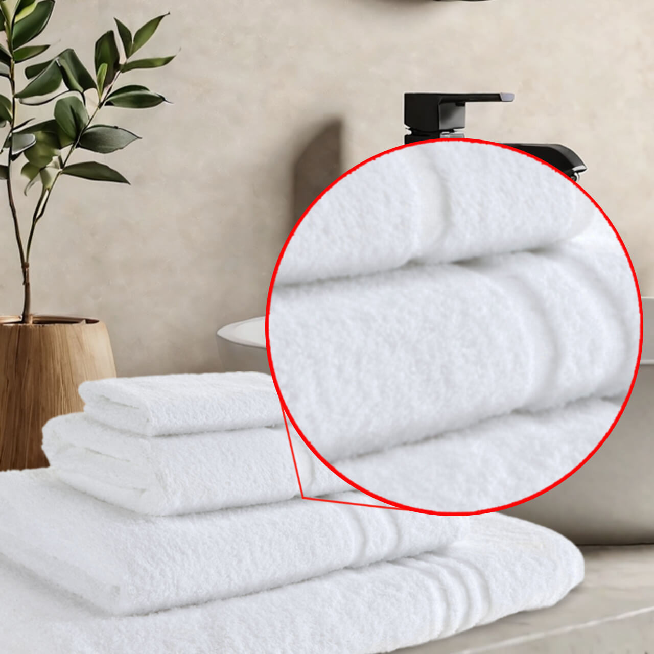 Close-up texture detail of white 400 GSM 100% ring spun cotton hotel towel showing plush pile and dense soft weave