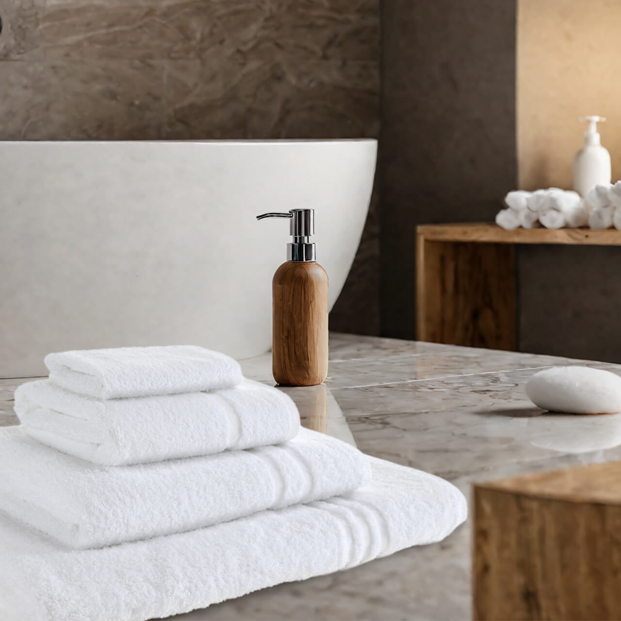 White 400 GSM 100% cotton ring spun hotel towels full set — face cloth, hand towel, bath towel and bath sheet displayed together on white background