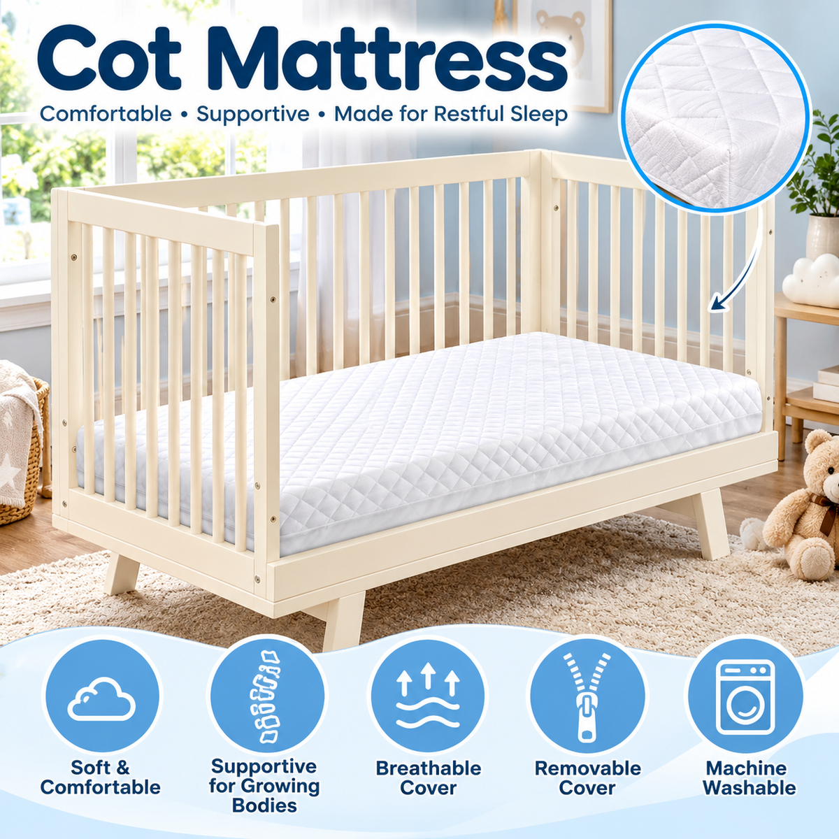 Cot Bed Toddler Crib Mattress Breathable – Quilted Foam Water Resistant Cover