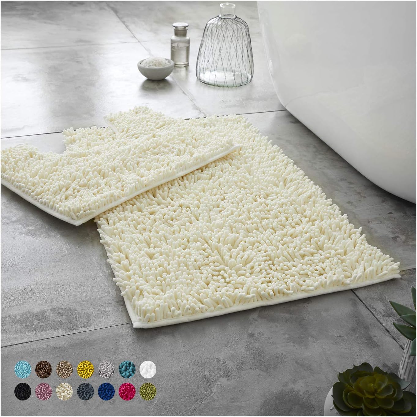2 Piece Loop Bath Mats for Bathroom - Non Slip Chenille Bath Mat Set Rugs, Extra Soft with Water Absorbent Pedestal Bathmat Shower Toilet Mat
