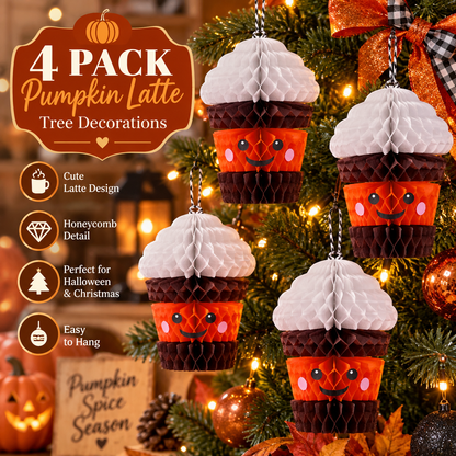 4 Pack Pumpkin Latte Tree Decorations - Brown | Coffee Lover Christmas Ornaments