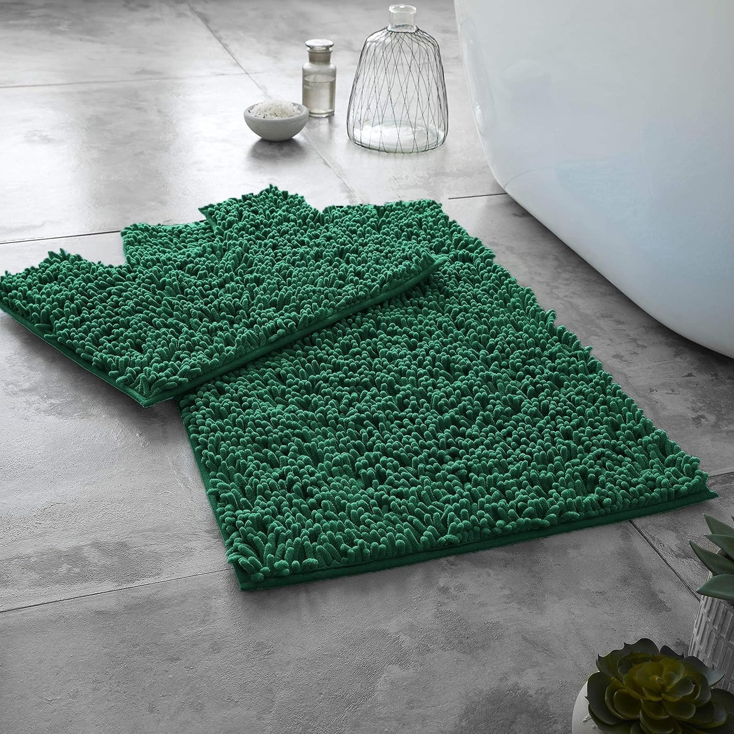 2 Piece Loop Bath Mats for Bathroom - Non Slip Chenille Bath Mat Set Rugs, Extra Soft with Water Absorbent Pedestal Bathmat Shower Toilet Mat