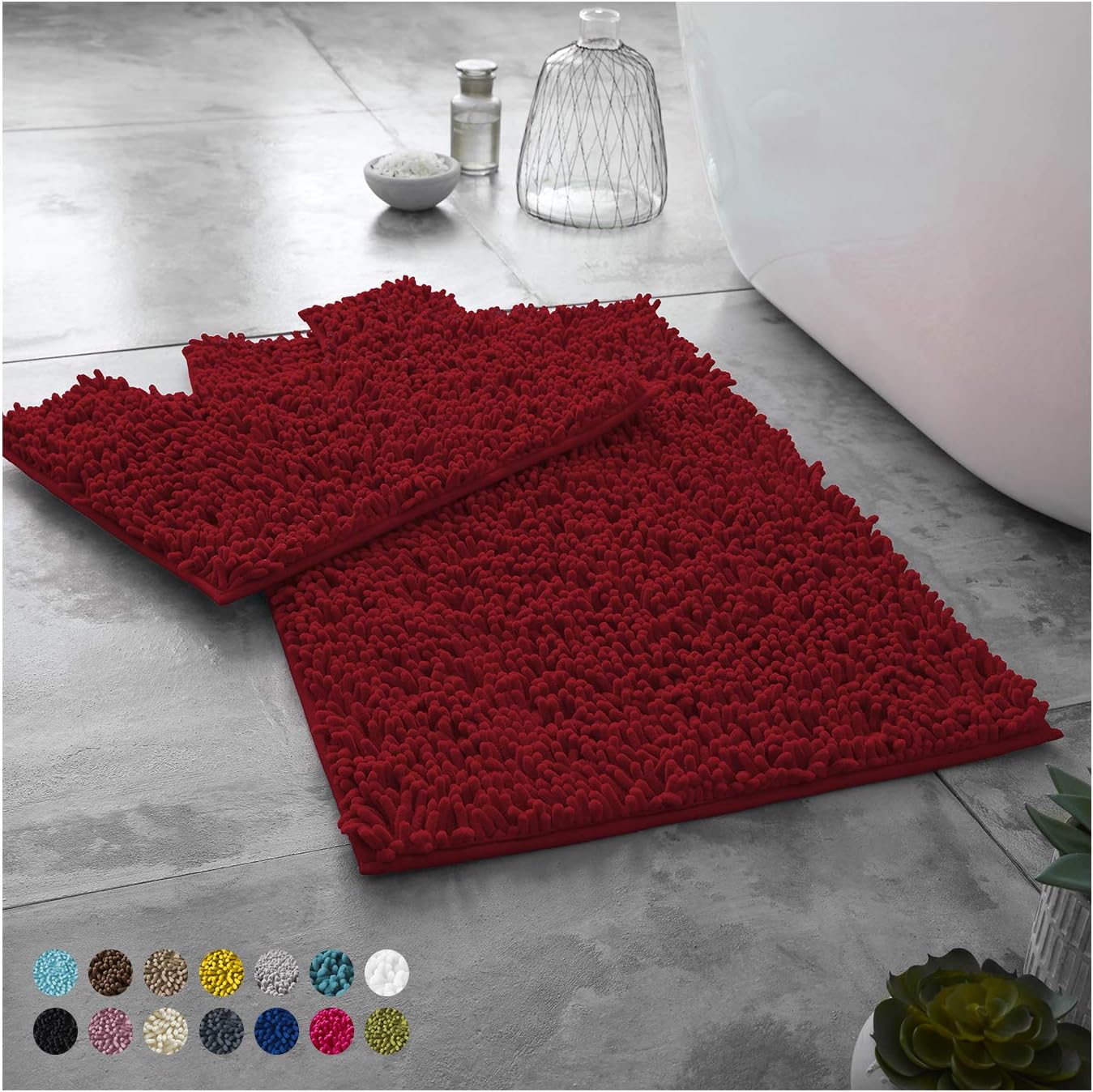 2 Piece Loop Bath Mats for Bathroom - Non Slip Chenille Bath Mat Set Rugs, Extra Soft with Water Absorbent Pedestal Bathmat Shower Toilet Mat