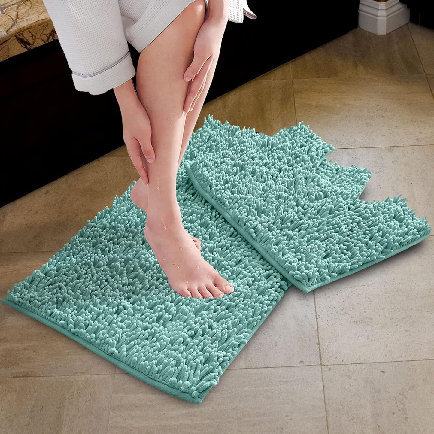 2 Piece Loop Bath Mats for Bathroom - Non Slip Chenille Bath Mat Set Rugs, Extra Soft with Water Absorbent Pedestal Bathmat Shower Toilet Mat