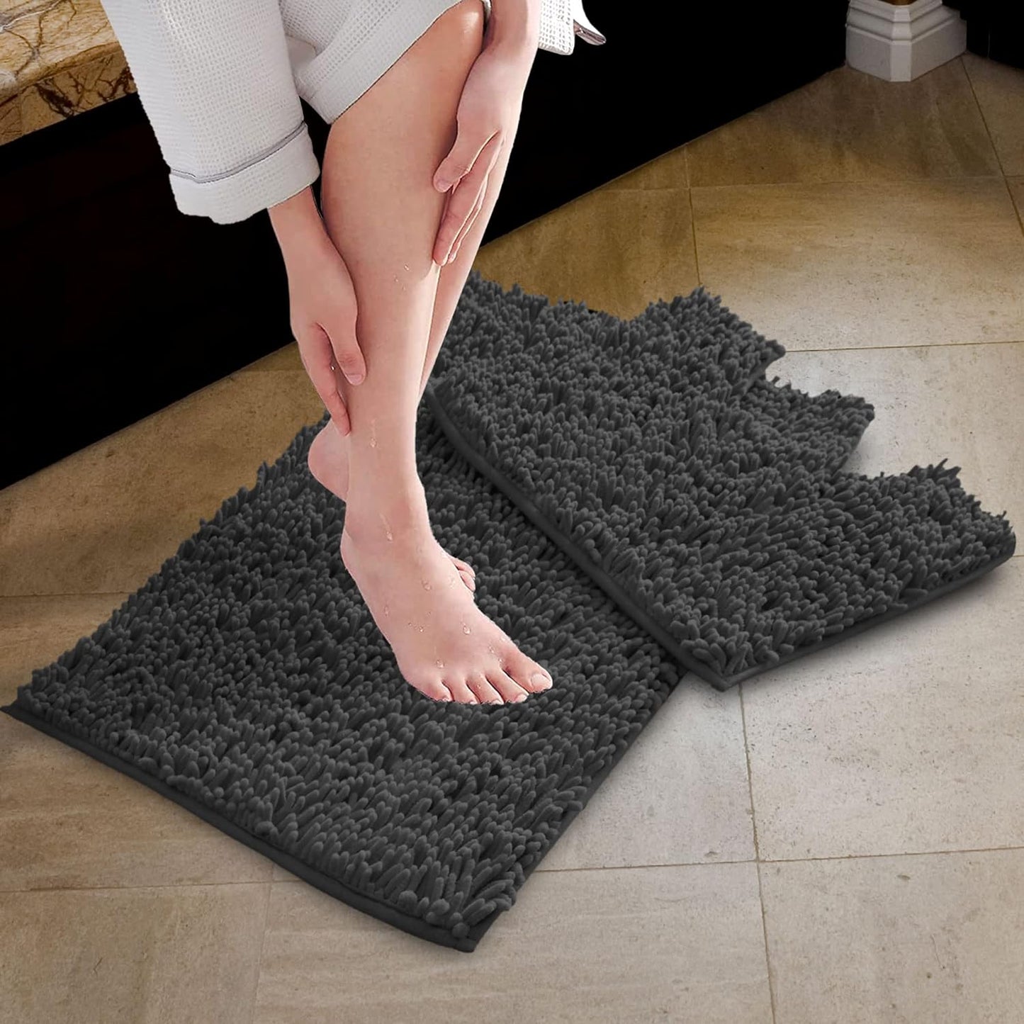 2 Piece Loop Bath Mats for Bathroom - Non Slip Chenille Bath Mat Set Rugs, Extra Soft with Water Absorbent Pedestal Bathmat Shower Toilet Mat