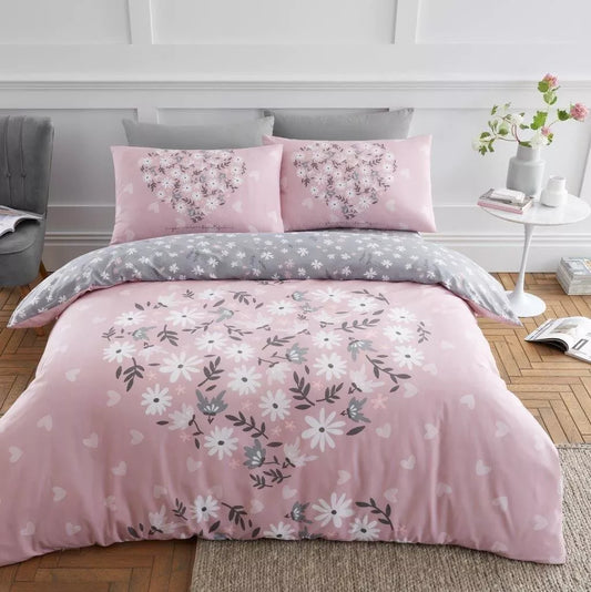 Ditsy Heart Pink Duvet Quilt Cover & Pillow Case Bedding Set Black Cream White