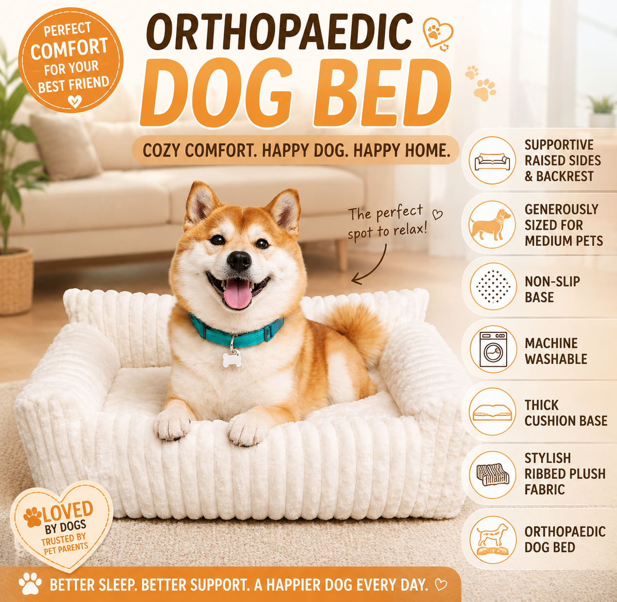 Luxury Orthopaedic Dog Sofa Bed – Plush Cream Couch Bed for Small & Medium Dogs (86cm)