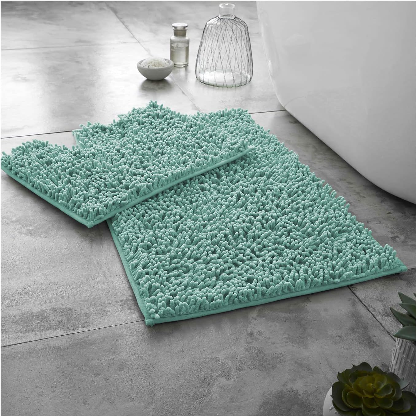 2 Piece Loop Bath Mats for Bathroom - Non Slip Chenille Bath Mat Set Rugs, Extra Soft with Water Absorbent Pedestal Bathmat Shower Toilet Mat