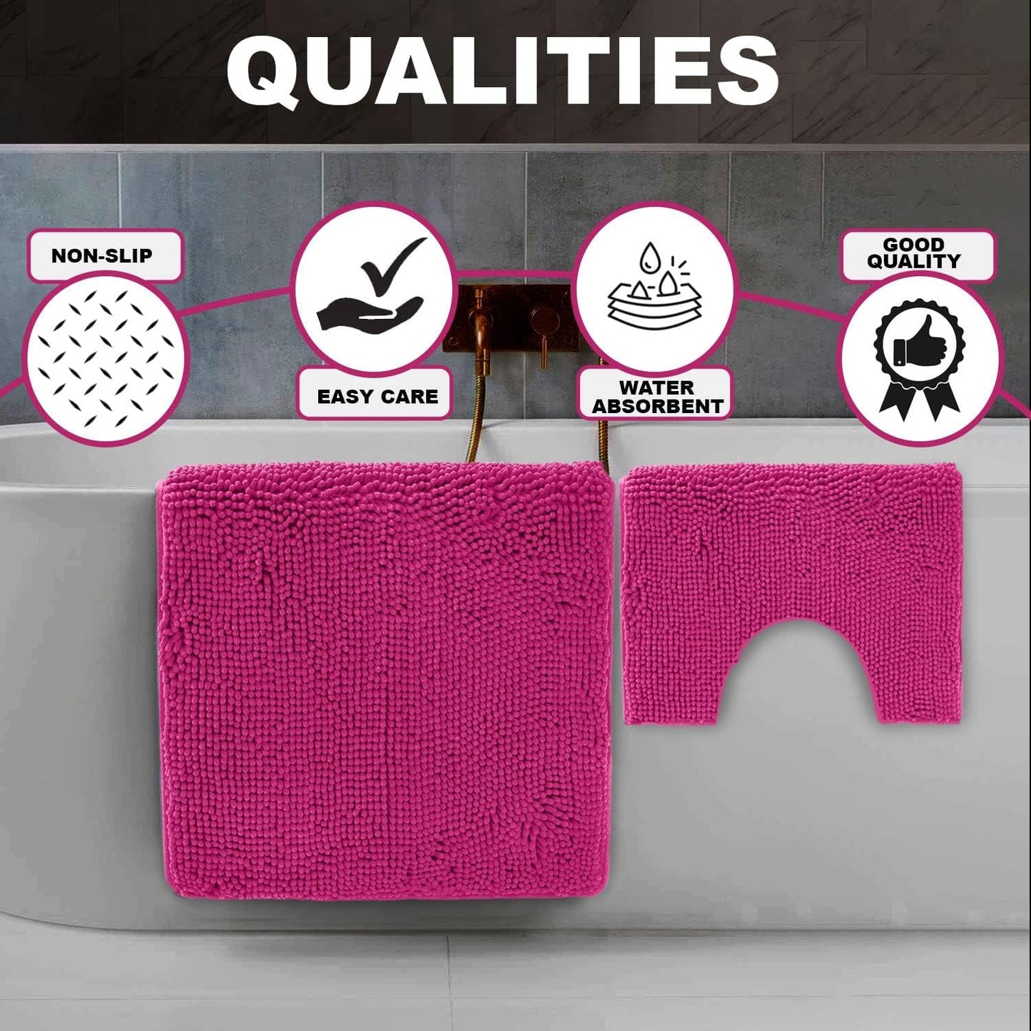 2 Piece Loop Bath Mats for Bathroom - Non Slip Chenille Bath Mat Set Rugs, Extra Soft with Water Absorbent Pedestal Bathmat Shower Toilet Mat