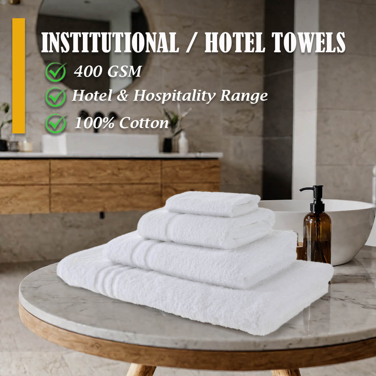 Folded white 400 GSM ring spun cotton hotel towels stacked showing softness, thickness and premium hospitality-grade finish