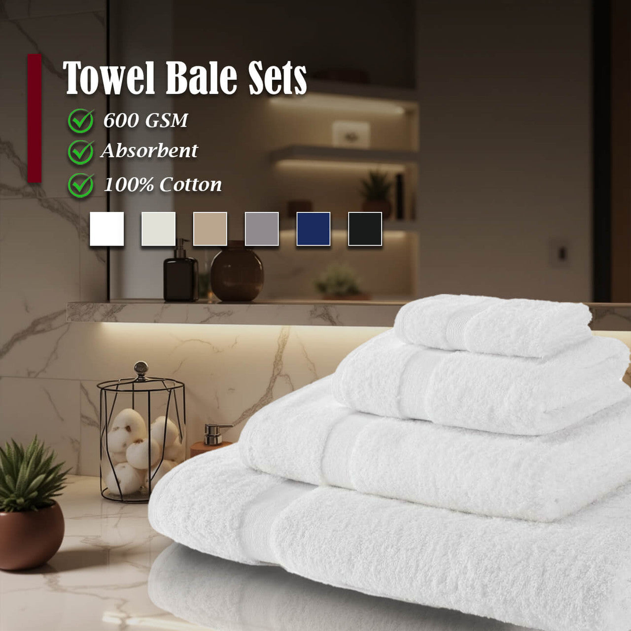 600GSM cotton towel bale features chart — ring spun cotton, 600 GSM, machine washable, colour fast