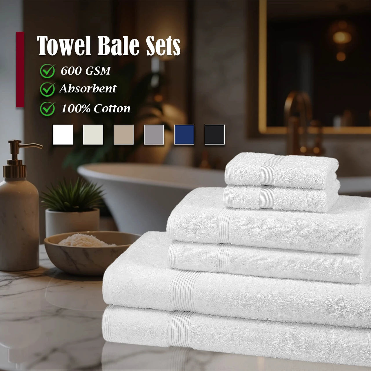 600GSM cotton towel bale features chart — ring-spun cotton, colour-fast dye, reinforced hems and machine washable at 40C
