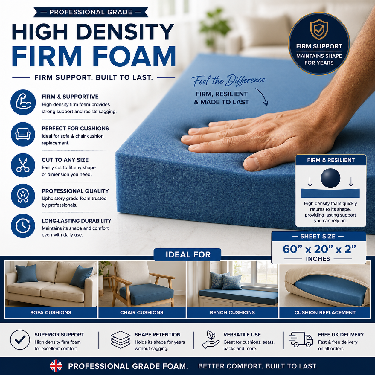 Upholstery Foam High Density Firm Sheet Cushion Seating Pad Sofa Bed 60x20x2