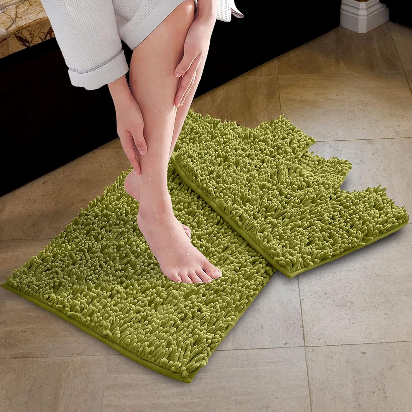 2 Piece Loop Bath Mats for Bathroom - Non Slip Chenille Bath Mat Set Rugs, Extra Soft with Water Absorbent Pedestal Bathmat Shower Toilet Mat