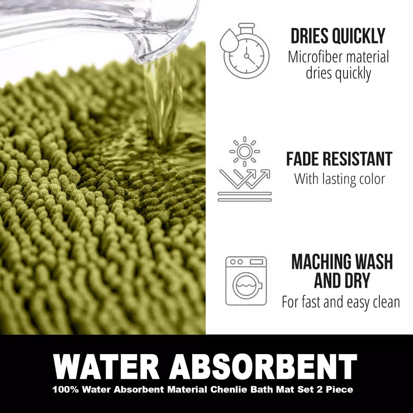 2 Piece Loop Bath Mats for Bathroom - Non Slip Chenille Bath Mat Set Rugs, Extra Soft with Water Absorbent Pedestal Bathmat Shower Toilet Mat