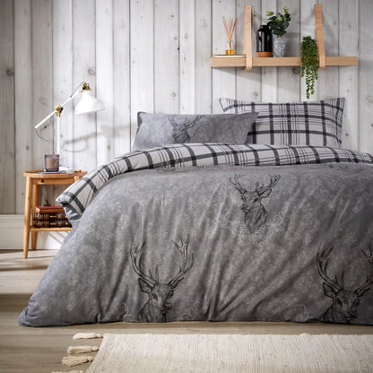 Highland Stag Reversible Check Duvet Quilt Cover Set Single Double King Beddings