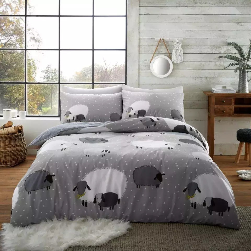 Sheep Animal Duvet Quilt Cover & Pillow Case Bedding Set Grey Natural