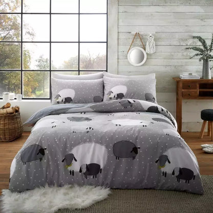 Sheep Animal Duvet Quilt Cover & Pillow Case Bedding Set Grey Natural