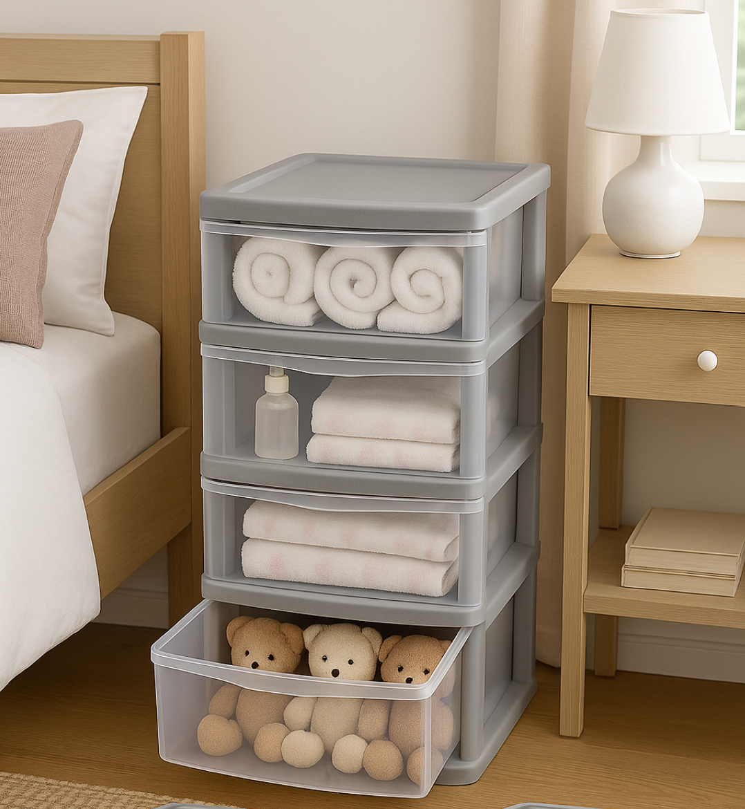 4 Drawers Plastic Storage Tower Unit Organizer Home Office School Desktop Clear Storage Chest for Clothes Toys Art Supplies Stationary Shoes