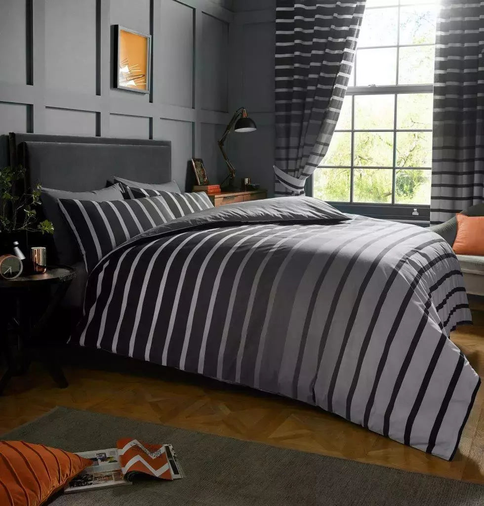 Oscar Stripe Duvet Quilt Cover & Pillow Case Bedding Set Grey Purple Teal