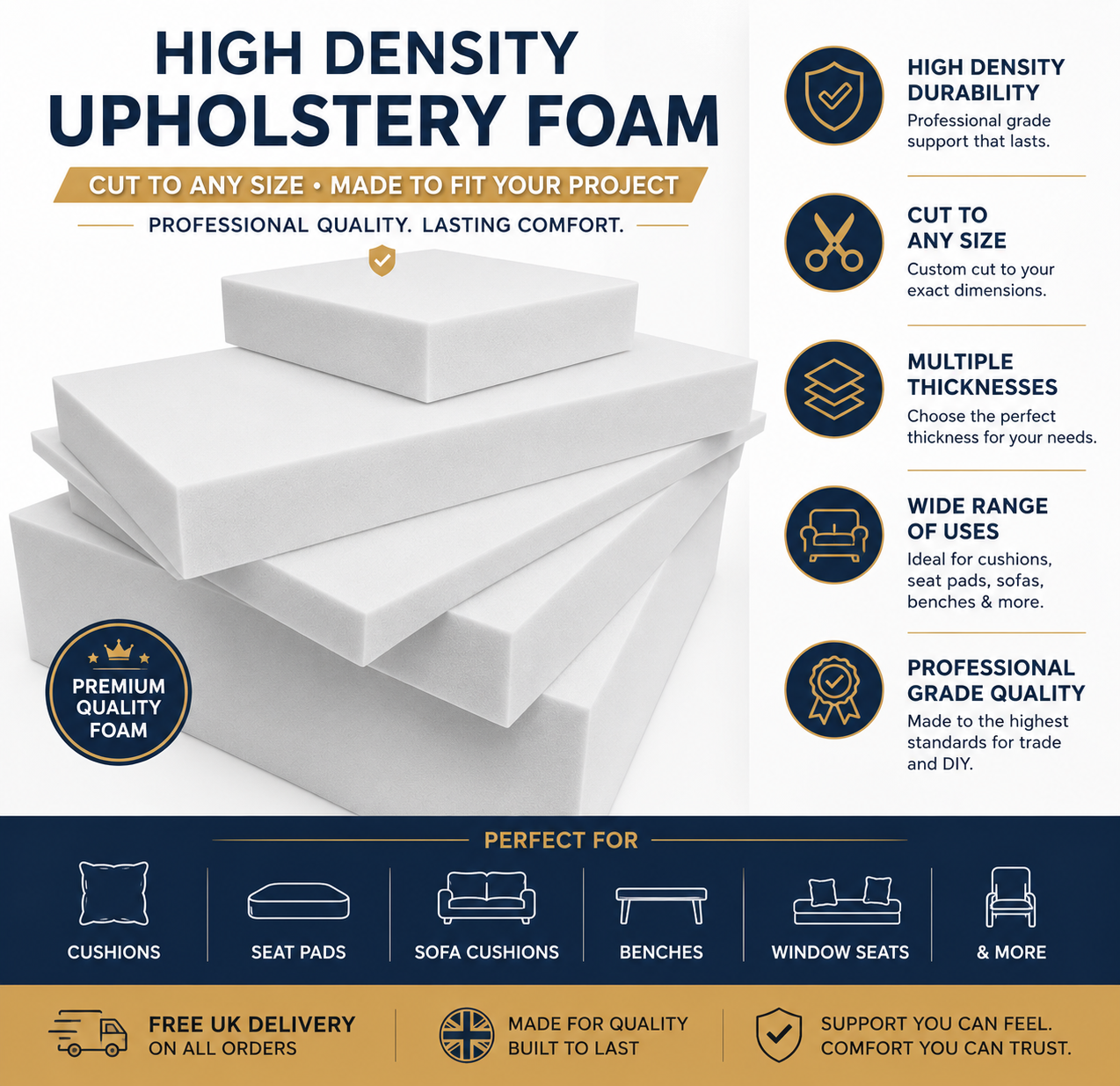 High Density Upholstery Foam Sheet Cut to Any Size Cushions Seat Pads Sofa