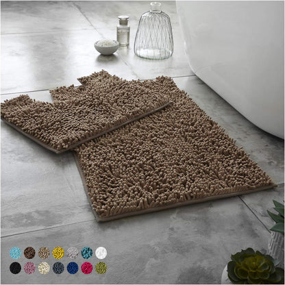 2 Piece Loop Bath Mats for Bathroom - Non Slip Chenille Bath Mat Set Rugs, Extra Soft with Water Absorbent Pedestal Bathmat Shower Toilet Mat
