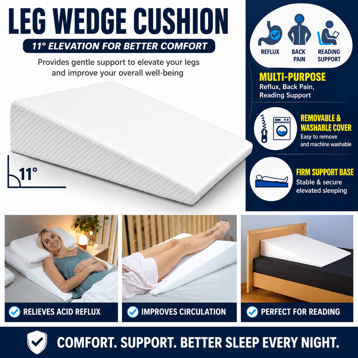Bed Wedge Pillow Acid Reflux 11 Degree Memory Foam – Pain Relief Reading Support