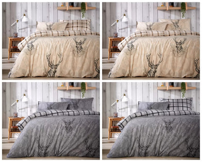 Highland Stag Reversible Check Duvet Quilt Cover Set Single Double King Beddings