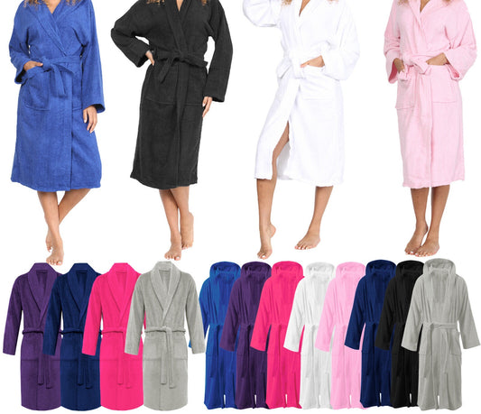 Mens Womens Hooded Bathrobe 100% Soft Cotton Terry Towelling Dressing Gown House Coat