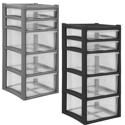 EXTRA LARGE DRAWER STORGE BLACK Plastic 5 Drawer Unit 2 Shallow with 3 Deep Drawers Chest Drawer School Office Home Storage