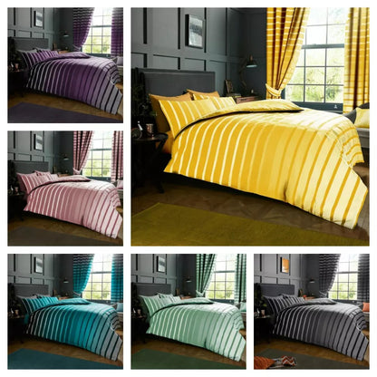 Oscar Stripe Duvet Quilt Cover & Pillow Case Bedding Set Grey Purple Teal
