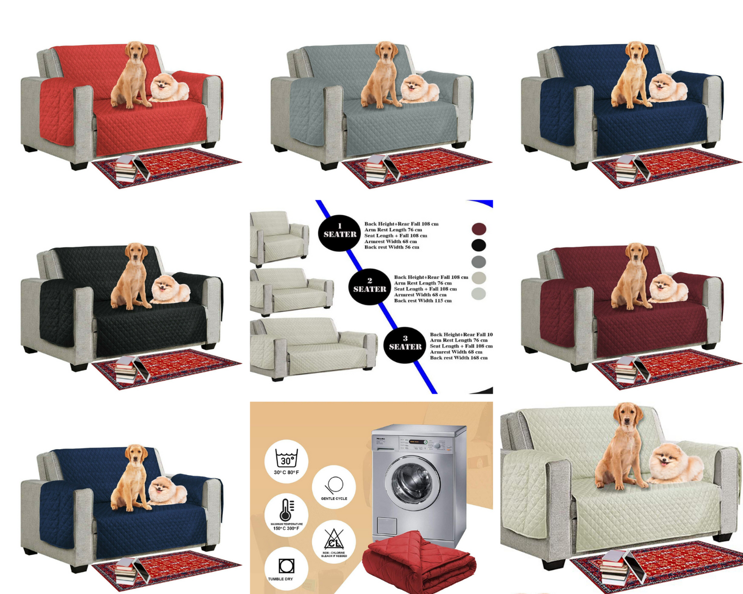 Quilted Sofa Cover Pet Dog Kids Barrier- Slipcover Reversible Furniture Protector Washable Couch Covers with Elastic Straps Anti-Slip Wrinkle Resistant