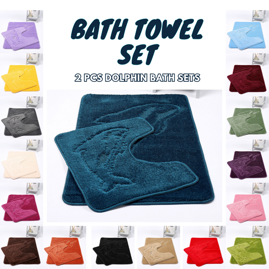 Dolphin Bath Mat Set 2 Piece Non Slip Water Absorbent Pedestal and Bath Mat Set Toilet Bathroom Rug